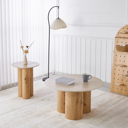 SIDE TABLE SILVA HM18444 CERAMIC TOP WITH TRAVERTINE STONE LOOK--MDF BASE NATURAL Φ45x55H