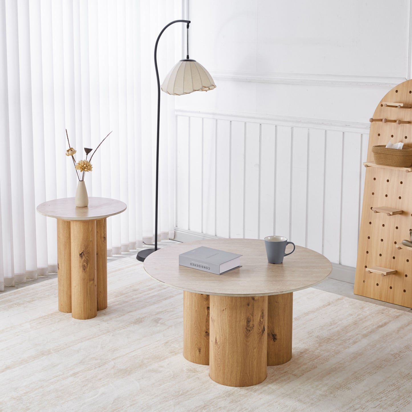 COFFEE TABLE SILVA HM18443 CERAMIC TOP WITH TRAVERTINE STONE LOOK--MDF BASE NATURAL Φ80x45H
