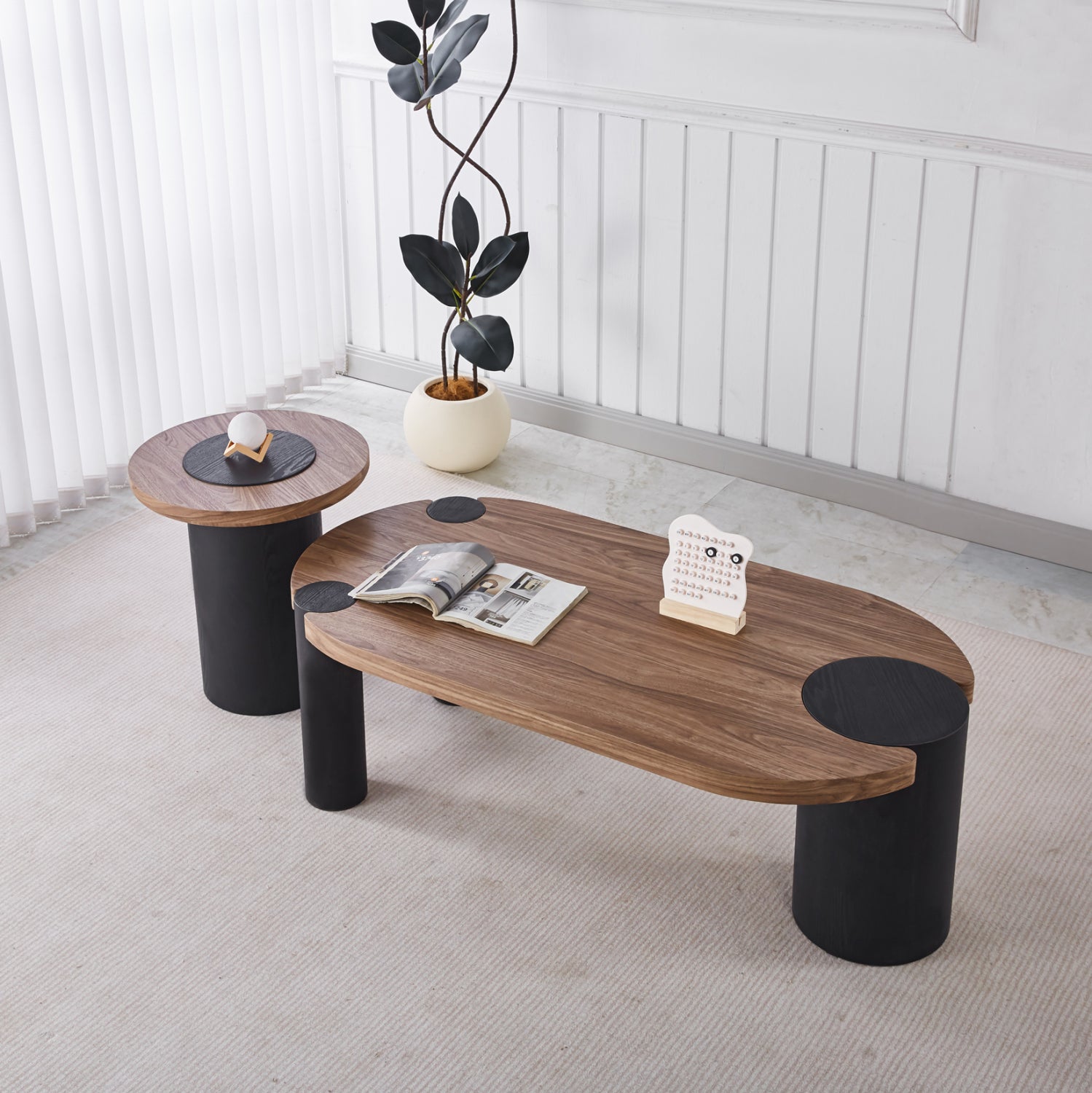 COFFEE TABLE OVAL OVALON HM18433.05 MDF TOP IN WALNUT--MDF LEGS IN BLACK 120x60x40Hcm.