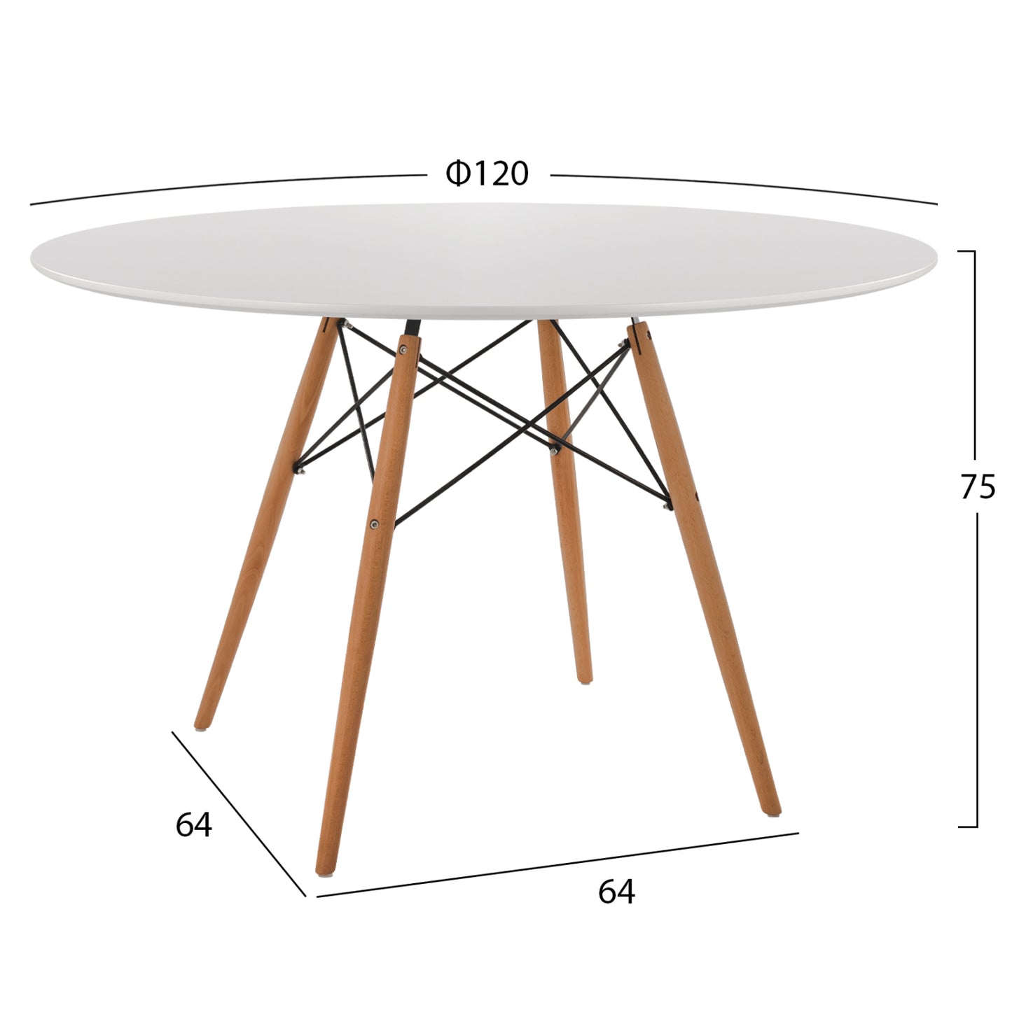 DINING TABLE ROUND MINIMAL HM8454.01 MDF IN WHITE COLOR-BEECH WOOD LEGS IN NATURAL Φ120Χ75Hcm.