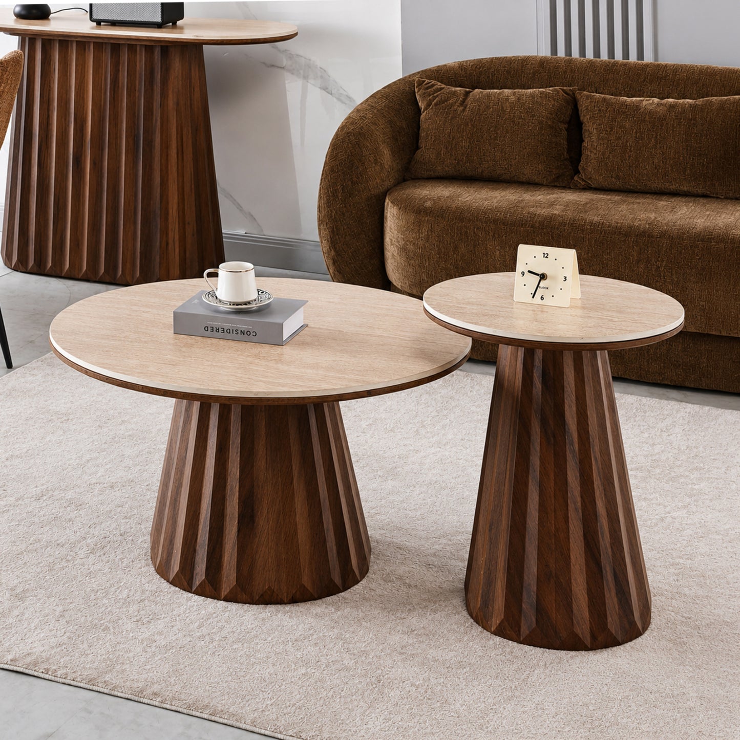 COFFEE TABLES 2PCS WALDEN HM12108 CERAMIC TOPS--MDF BASES Φ80+Φ46cm