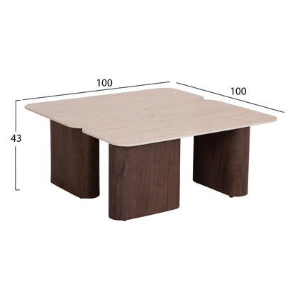 COFFEE TABLES 2PCS NOTTE HM18432 CERAMIC TOP IN TRAVERTINE COLOR--MDF LEGS WALNUT 100x100x43Hcm.