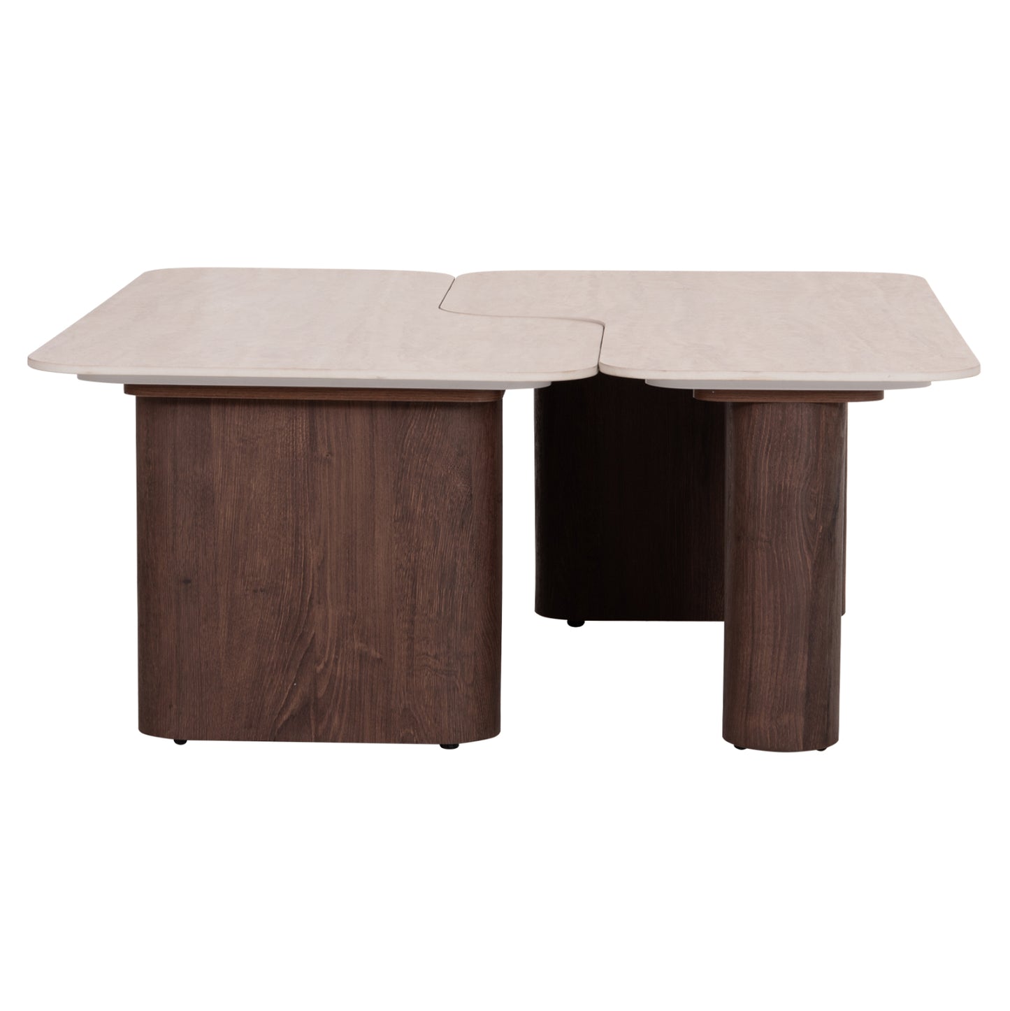 COFFEE TABLES 2PCS NOTTE HM18432 CERAMIC TOP IN TRAVERTINE COLOR--MDF LEGS WALNUT 100x100x43Hcm.