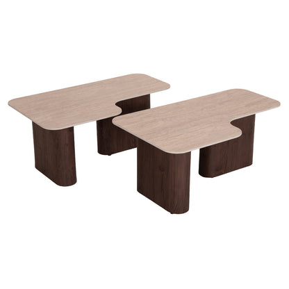 COFFEE TABLES 2PCS NOTTE HM18432 CERAMIC TOP IN TRAVERTINE COLOR--MDF LEGS WALNUT 100x100x43Hcm.
