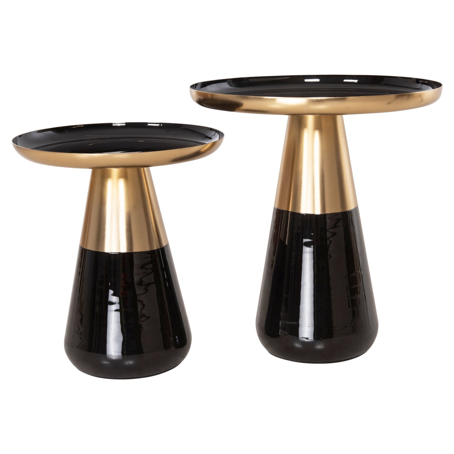 COFFEE TABLES 2PCS OLUF HM9922 ENAMELED METAL-GLOSSY BLACK-MAT GOLD Φ50 & Φ41 cm.
